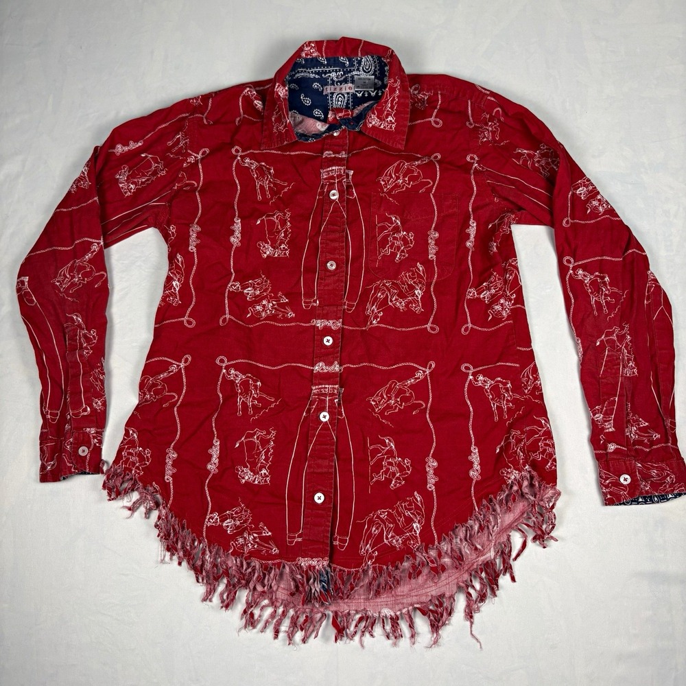 Tizzie Western Rodeo Print Shirt Women's M Red Fringe Hem Button Up Bandana Trim